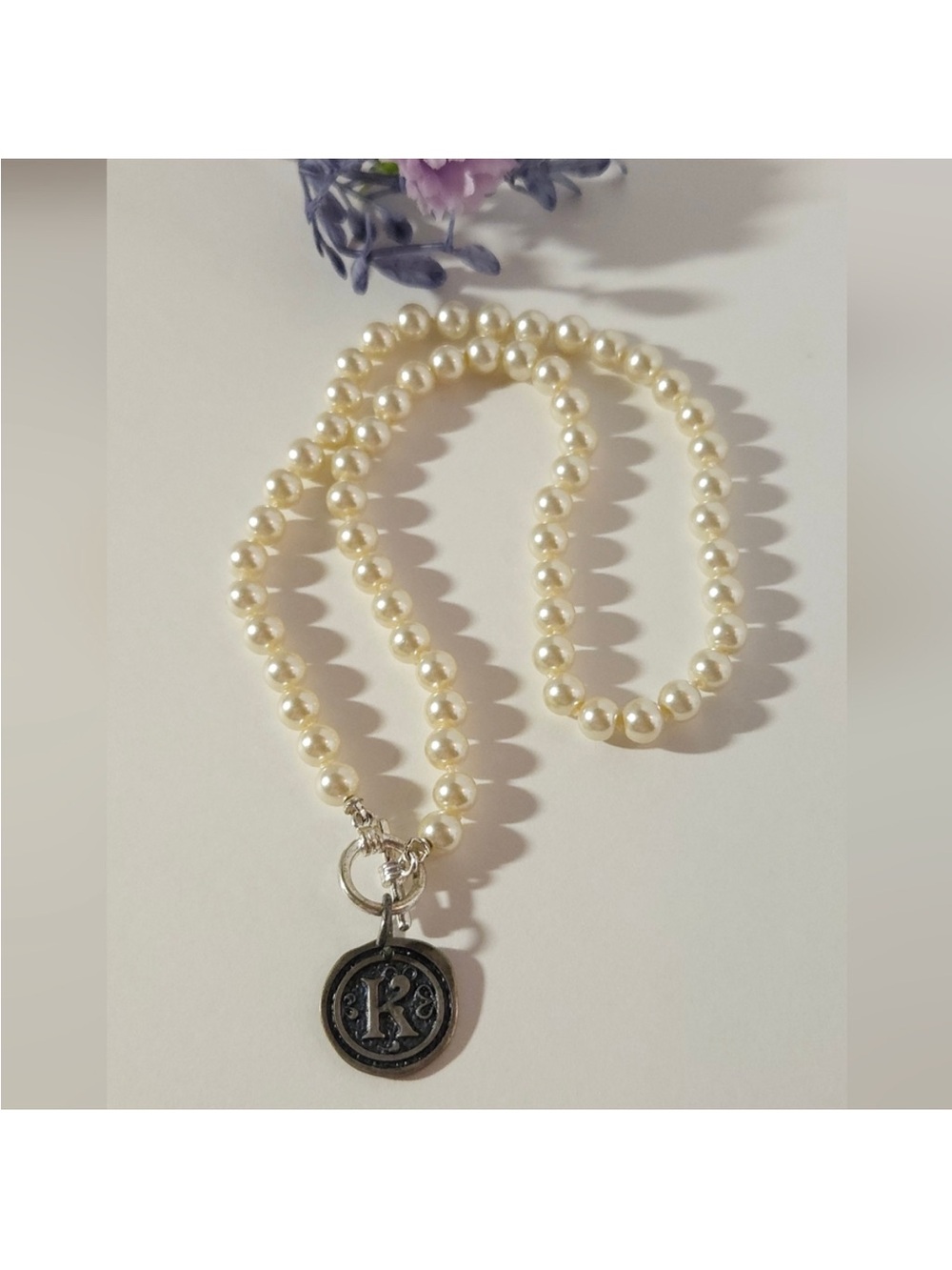 Hand Knotted 18” Faux Pearl Necklace with 'K' Charm Silver Toggle Closure - Picture 8 of 8